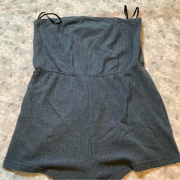 SHEIN Pants - SHEIN Slate Blue Ribbed Strapless Romper